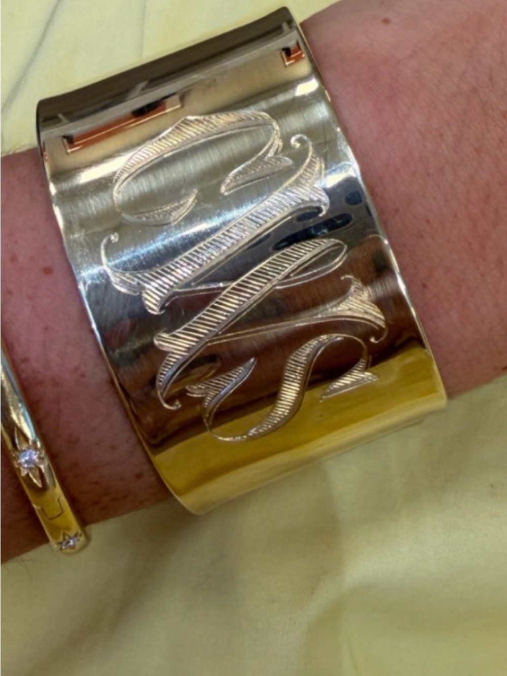 14 k gold 36 grams Polished Monogram Wide Cuff Bracelet - Gold